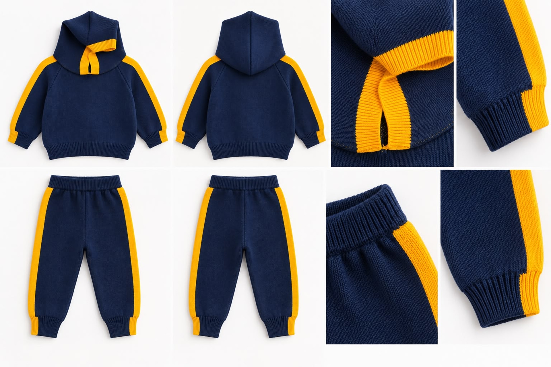 Cápsula Mini Xeneize: canguro y pantalón tejidos azul y amarillo para bebé