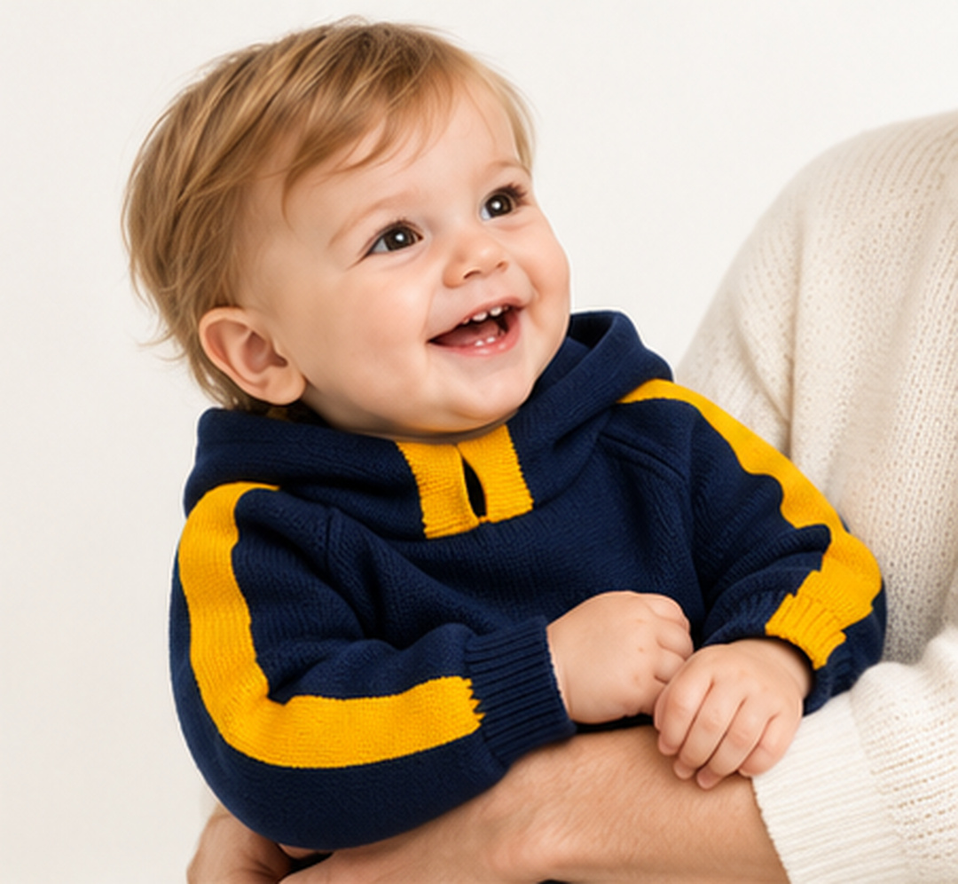 Bebé sonriendo con el canguro Mini Xeneize azul y oro de WAG